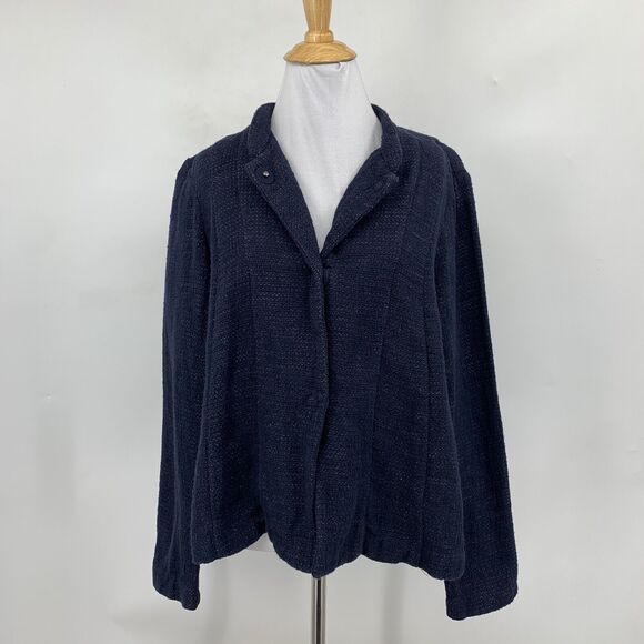 Eileen Fisher Blazer Womens Medium Navy Cotton Linen Blend Tweed Snap Buttons - Picture 2 of 11